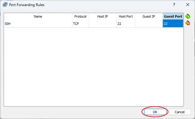 The Port Forwarding Rules settings in VirtualBox. A red annotation circle
surrounds the OK button.