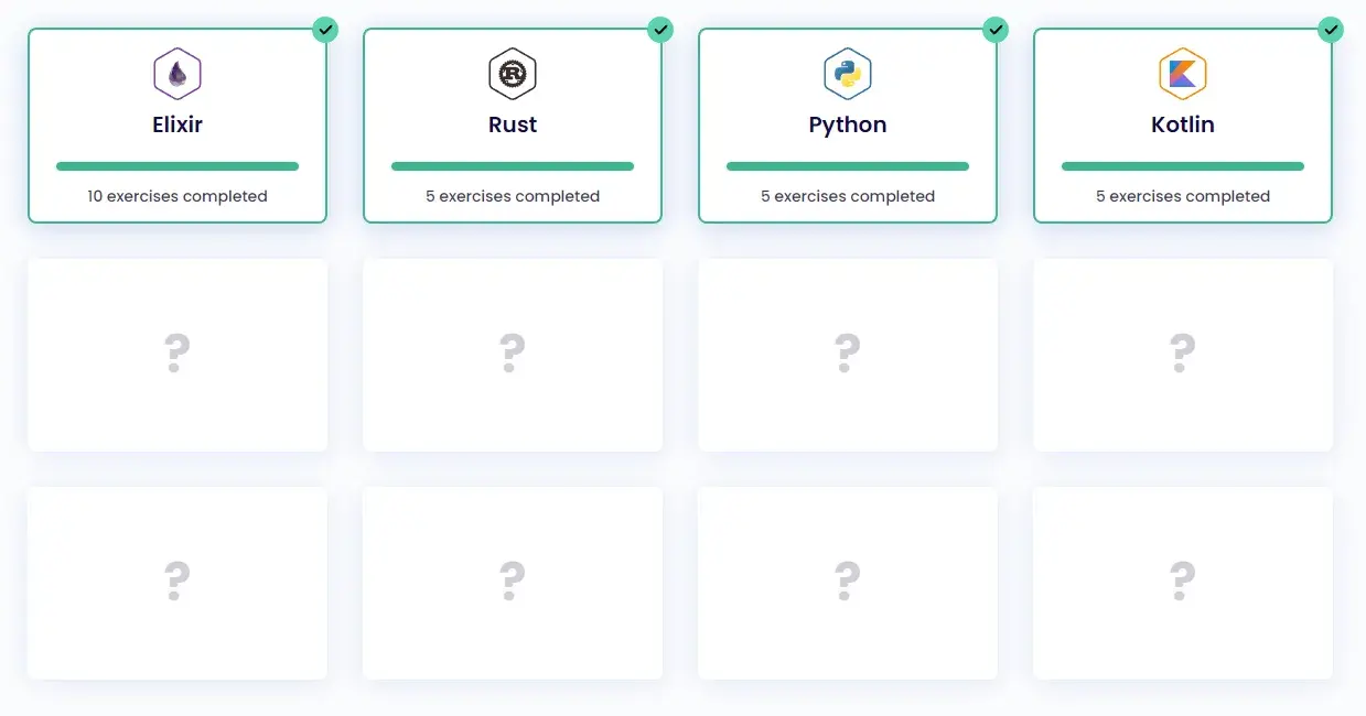 Exercism's #12in23 dashboard. Twelve grid squares are visible. Four are
filled in with Elixir, Rust, Python, and Kotlin. The remaining eight are
empty.