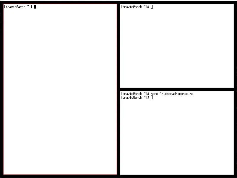 Three white rectangles. One on the left taking up 50% of the screen and
outlined in red. The other two are taking up 25% each on the right and stacked
on top of each other. All three have terminal prompts in black text. There is
padding between them where a black background appears.