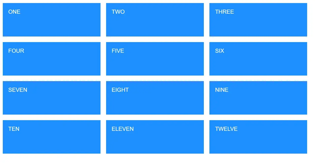 A 3 by 4 grid of blue filled rectanges with white text. The rectangle in the
upper left is labeled "ONE", the rectangle to its right is labeled "TWO", and
the last rectangle on the top row is labeled "THREE". Then the numbered labels
wrap to the second row where the first rectangle on that row is labeled "FOUR"
and so on, all the way to the last rectangle in the grid which is labeled
"TWELVE"