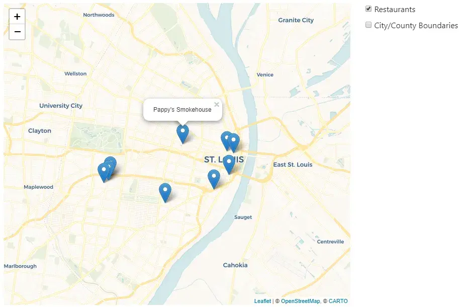 A popup bubble with the text “Pappy’s Smokehouse” appears over one of the blue
markers