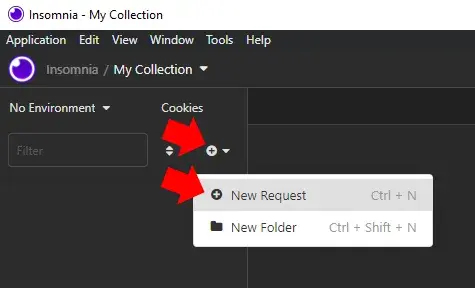 A screenshot of the Insomnia REST client. Red annotation arrows point to the
Plus icon and to New Request in the menu under it.