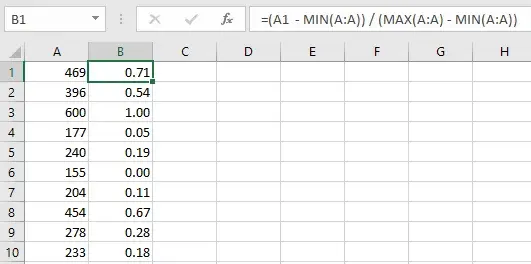 The same Excel screenshot, but Column B has the new formula in it, producing
the results from the table above.