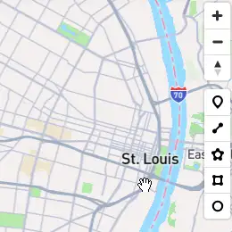 An screen recording of geojson.io centered
on Saint Louis. The mouse cursor clicks on the button labeled with a
pentagon, then clicks various points on the map to draw a boundary,
highlighted in yellow. When the first point is clicked for a second time,
the shape is finalized and turns gray.