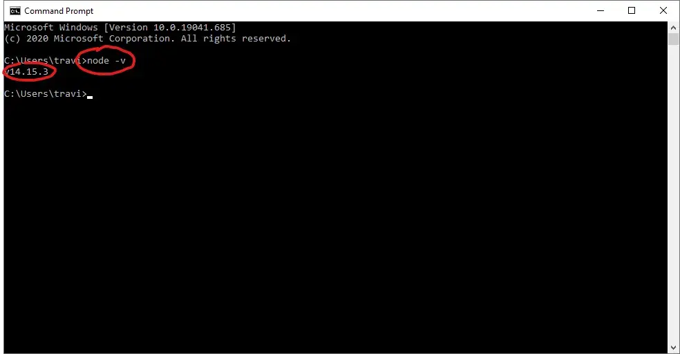 A screenshot of a Command Prompt window. The command node -v has been
executed. The output is v14.15.3.