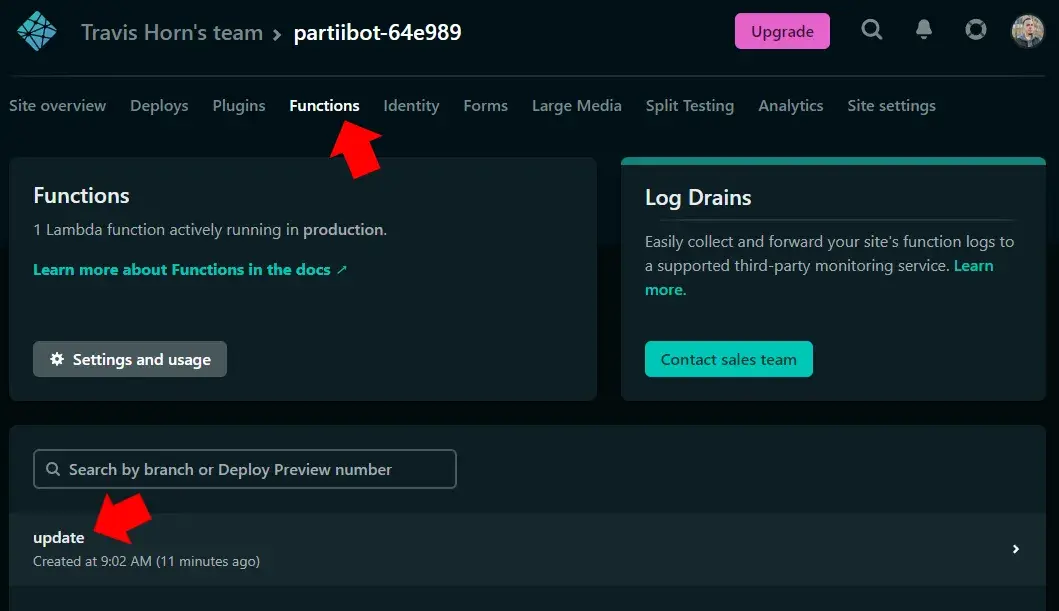 The Netlify Functions settings for a project. Red annotation arrows point to
Functions and update.