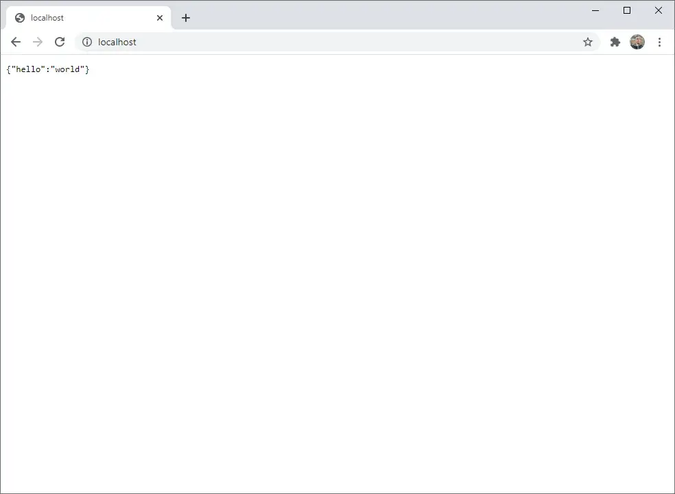 A Chrome web browser opened to localhost. The rendered page is black text on a
white background reading {"hello": "world"}.
