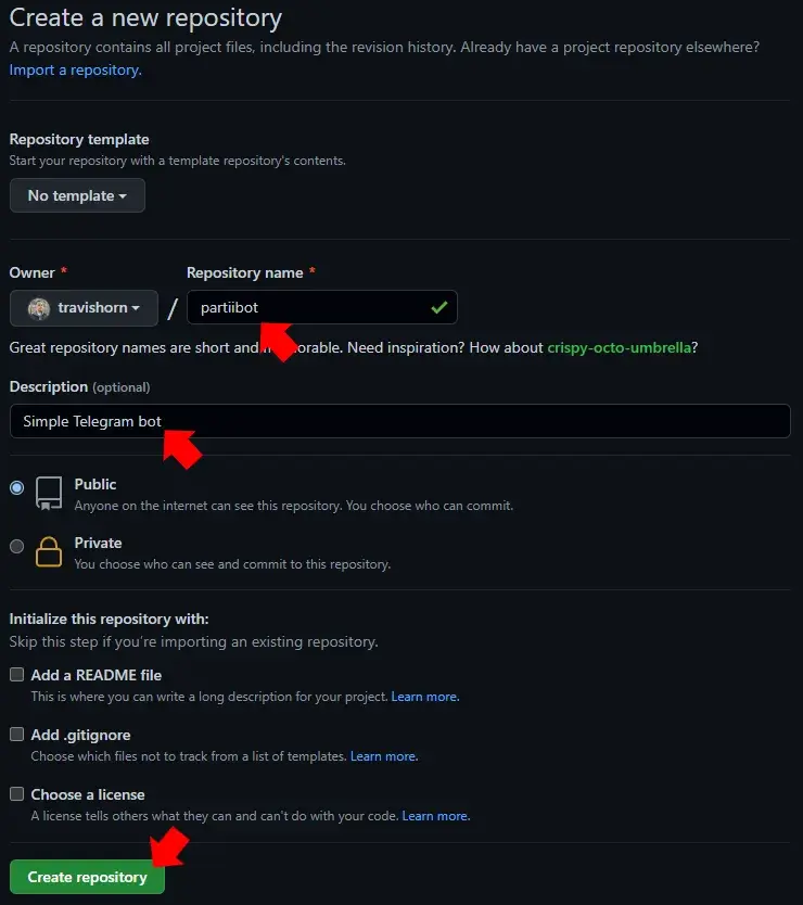 The “New repository” screen on GitHub. Red annotation arrows point to
“Repository name” where “partiibot” has been entered, “Description” where
“Simple Telegram bot” has been entered, and the green “Create repository”
button.
