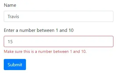 The same UI again, but the first input contains the value “Travis” and the
second input contains the value “15”. The second input is outlined in red and
has red text underneath that reads, “Make sure this is a number between 1 and
10.”