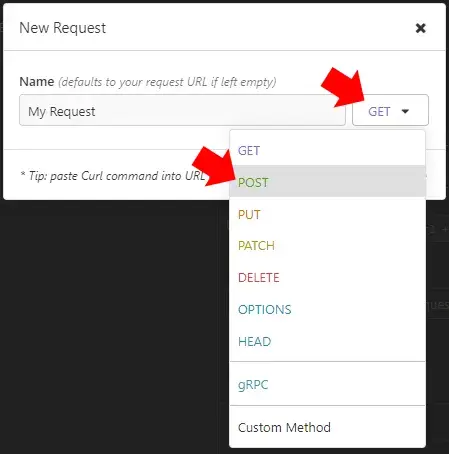 The New Request dialog in Insomnia. Red annotation arrows point to the
dropdown where GET is selected, and to the option POST on the menu that opened
under it.