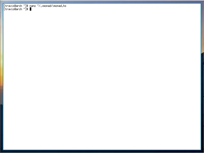 A large white terminal window, outlined in blue, with padding surrouding the
whole thing so the image of a sunset is visible around
it.