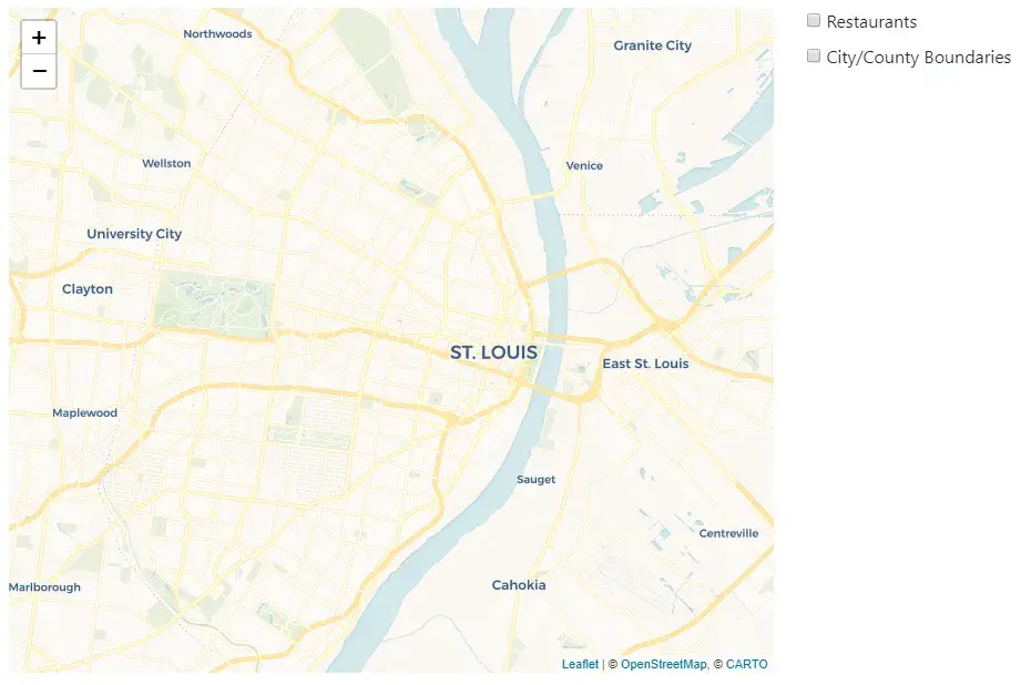 The map of Saint Louis still visible, and the right portion of the screen has
two checkboxes: one for Restaurants and one for City/County
Boundaries