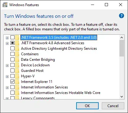 A screenshot of the Windows Features dialog. Options like .NET Framework, Data
Center Bridging, and more are visible. Some are checked and some are
unchecked.
