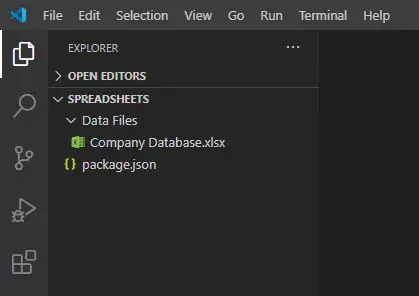 A cropped screenshot of VS Code focusing on the files in an open folder named
"SPREADSHEETS". There is a file called "package.json" in the root of the
project. Then there is a directory called "Data Files" with a single file
inside: "Company Database.xlsx".