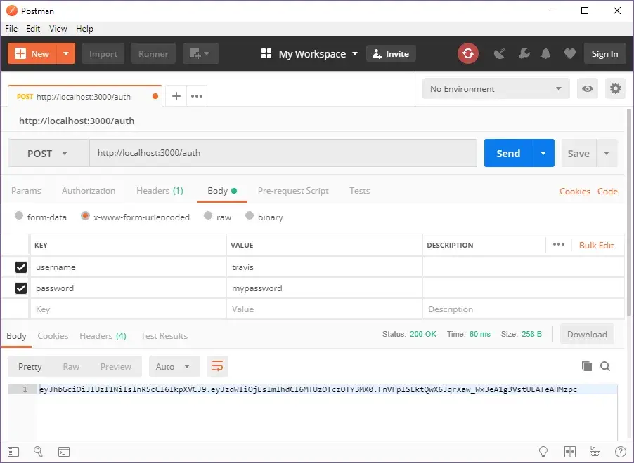A screenshot of Postman where the username and password are travis and
mypassword. The response is a JWT