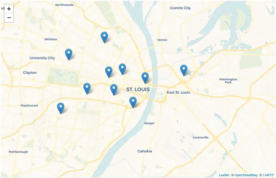 Many blue marker icons appear across the map