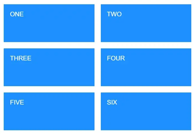 A 2 by 3 grid of rectangles labeled with word numbers ONE through
SIX.