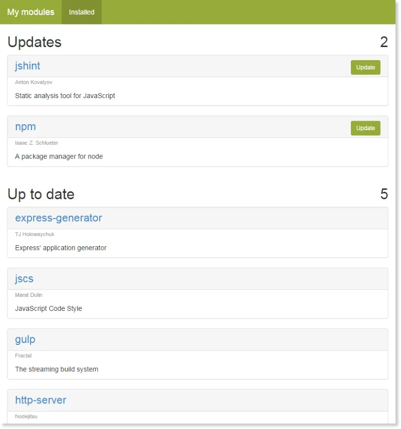 A screenshot of npm Package Store. Navigation at the top reads "My modules" and "Installed". "Installed" is active. Two main sections appear: "Updates" and "Up to date". Each lists some packages. For each package, it shows the name, author, and description. There is an "Update" button next to each pacakge in the "Updates" section.