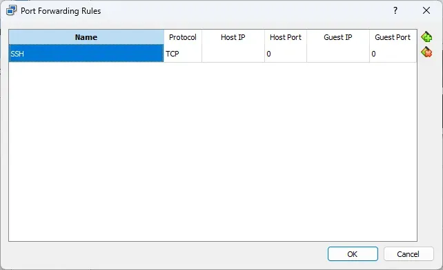 The Port Forwarding Rules settings in VirtualBox. A rule named "SSH" has been
added.