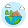 A clipart style icon. The bottom half is the bottom half of the globe. Upon it
sits two trees and two mountains. Above that are two
clouds.