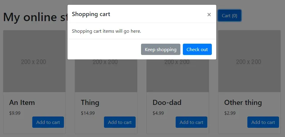 The modal appears when the "Cart" button is clicked.