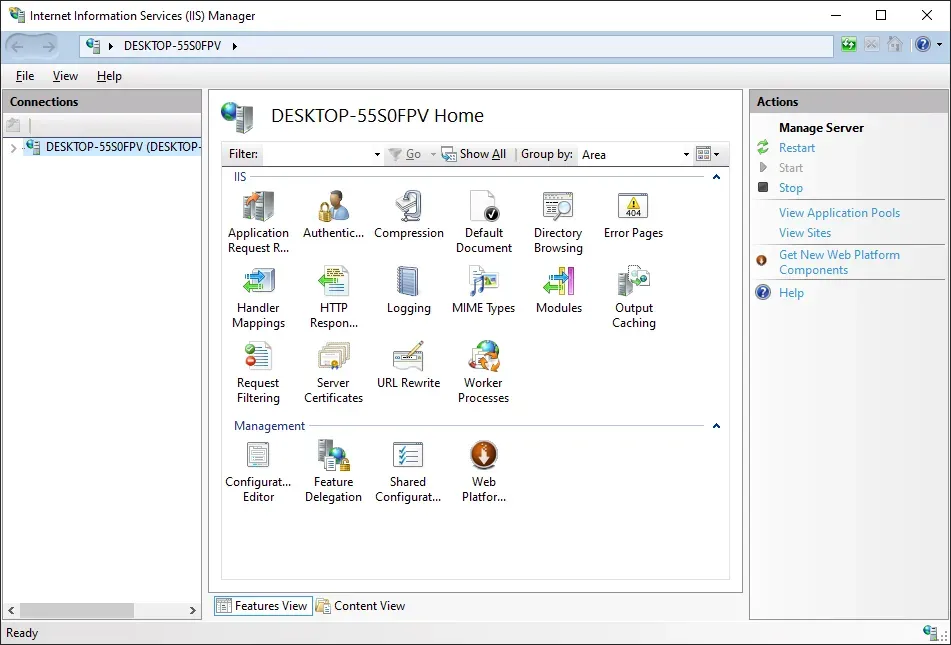 The main screen for IIS. The words "DESKTOP-55S0FPV Home" appear at the top.
Several panes and icons are available for managing the web
server.