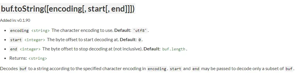The offical Node.js documentation for buf.toString(). The top line reads
buf.toString([encoding[, start[, end]]])