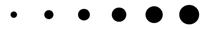Six black circles, increasing in size from left to right