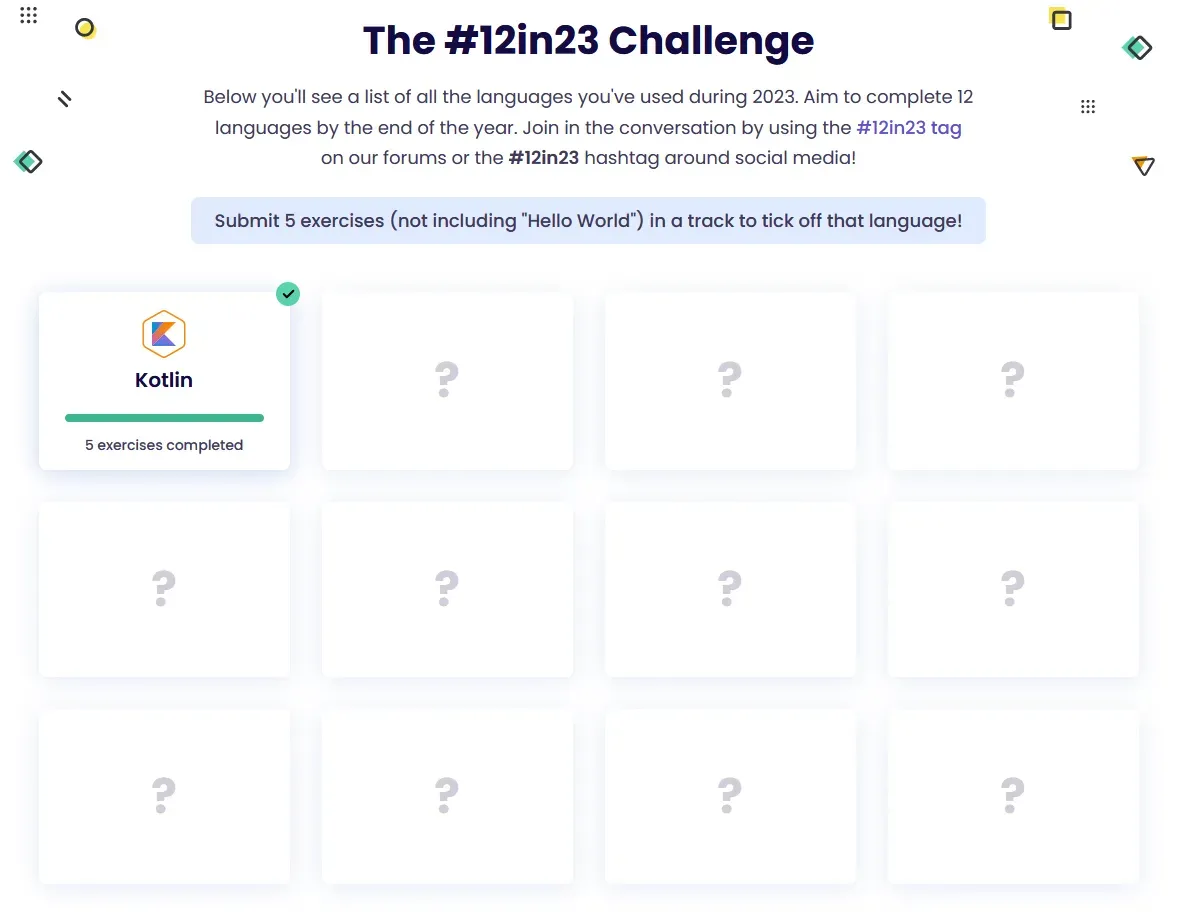 A screenshot of Exercism's #12in23 Challenge dashboard. Twelve grid squares
appear. The first is filled in with Kotlin, a green checkmark, and the text "5
excercises completed". The remaining eleven squares are empty except for a
question mark in each.
