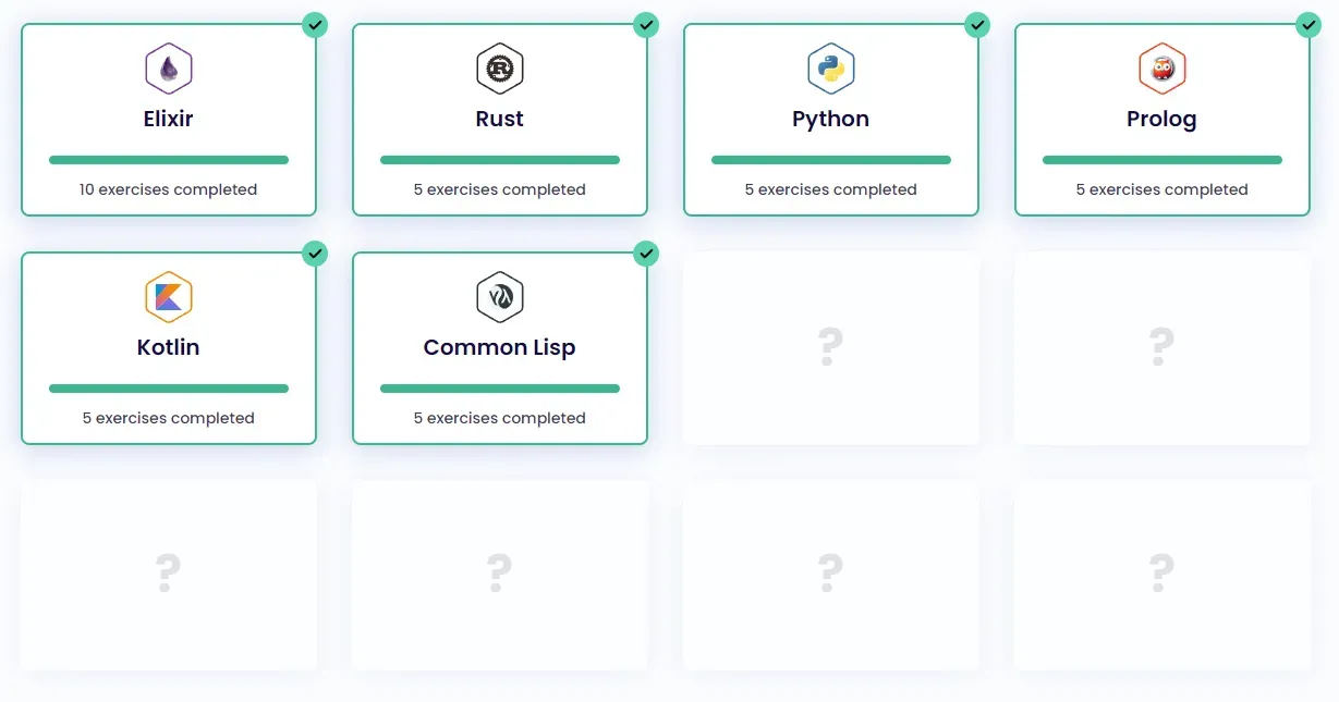 Exercism's #12in23 dashboard. Twelve grid squares are visible. Five are filled
in with Elixir, Rust, Python, Prolog, Kotlin, and Common Lisp. The remaining six
are empty.