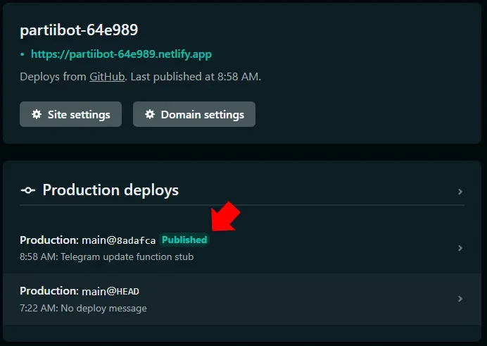 The Production deploys for a project on Netlify. A red annotation arrow points
to the Published tag associated with the most recent
deploy.