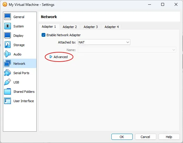 The network settings in VirtualBox. A red annotation circle surrounds the
Advanced button.