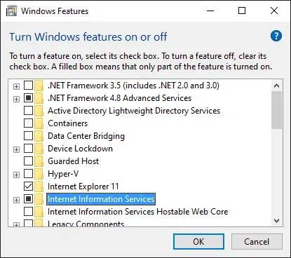 A screenshot of the Windows Features dialog. Internet Information Services is
"checked" with a square icon.