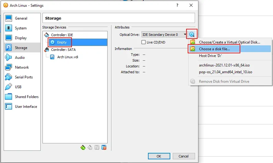 The virtual machine settings dialog in VirtualBox. Red annotation rectangles
surround the Empty device under Controller: IDE, the icon of a disc next to
Optical Drive, and "Choose a disk file" menu below the
disc.