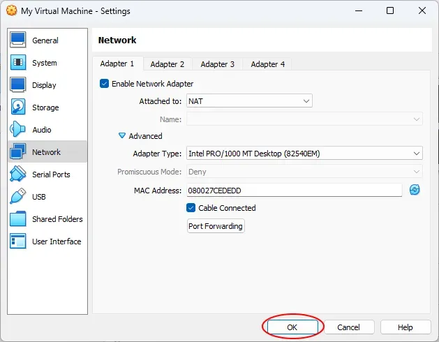 The Network settings in VirtualBox. A red annotation circle surrounds the OK
button.