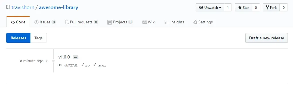 A screenshot of GitHub opened up to a repository's Releases section,
showing a release for v1.0.0 a minute ago