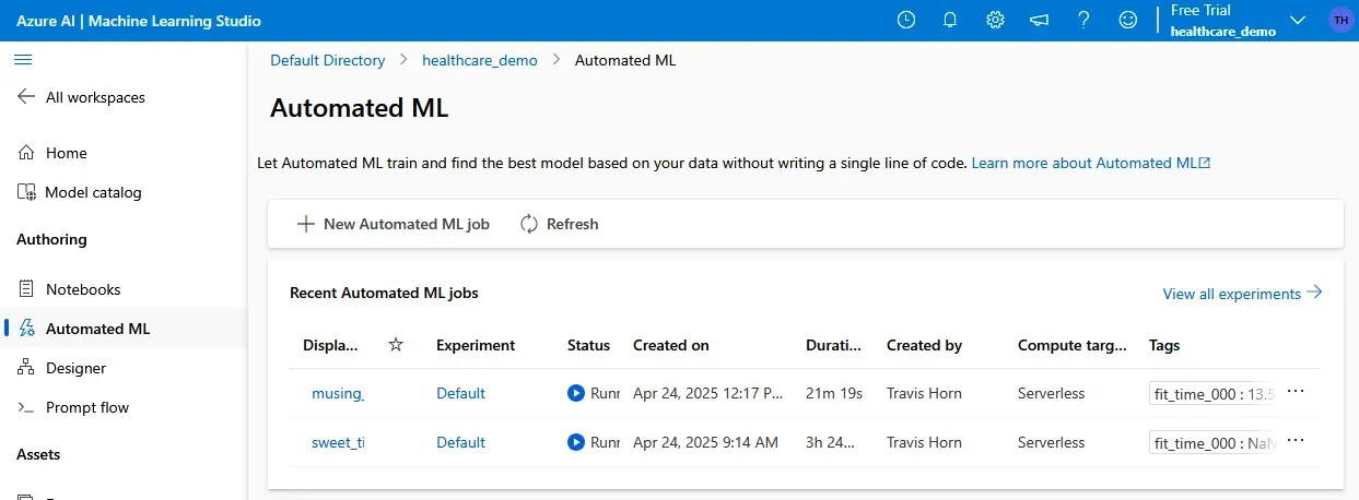 The Automated ML screen on Azure AI Machine Learning
Studio.