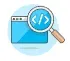 A clipart style icon of an application window. A magnifying glass is over it.
Inside the lense is the representation of code:
</>.