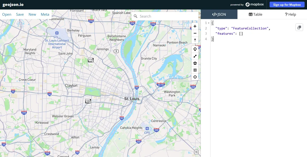 A screenshot of geojson.io. The leftmost 75% of the screen are taken up by
a map of Saint Louis, MO. The remaining 25% shows JSON code in GeoJSON
format. An empty FeatureCollection is
shown.