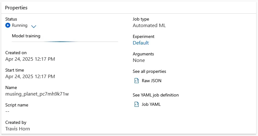 The properties of a submitted training job. The Status is Running. The created
on, start time, and more metadata are
visible.