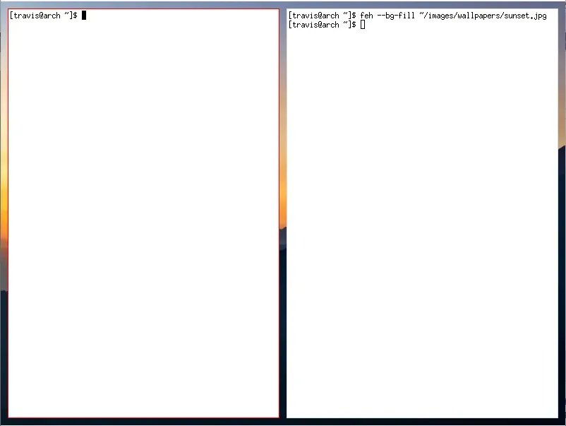 Two white terminal windows each taking up 50% of the screen. Padding between
them reveals the image of a sunset behind them.