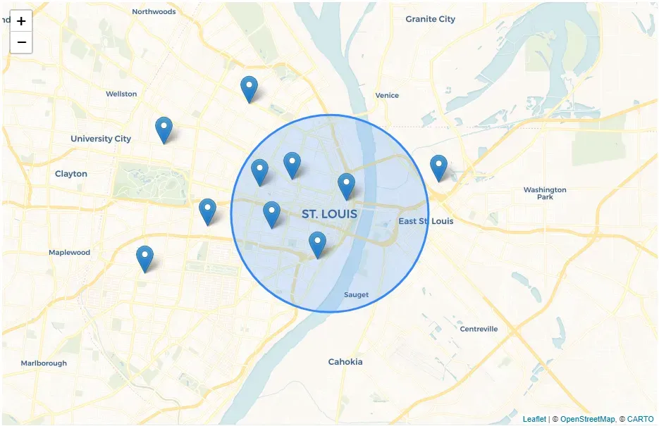 The circle, centered around downtown Saint Louis appears larger
now