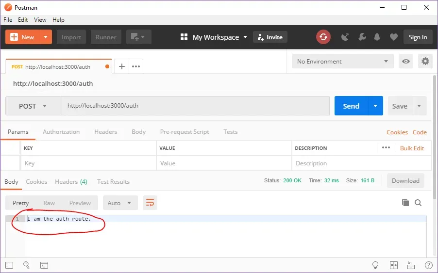 A screenshot of the Postman REST client sending a POST request to
http://localhost:3000/auth. The response, "I am the auth route" is circled in a
red annotation