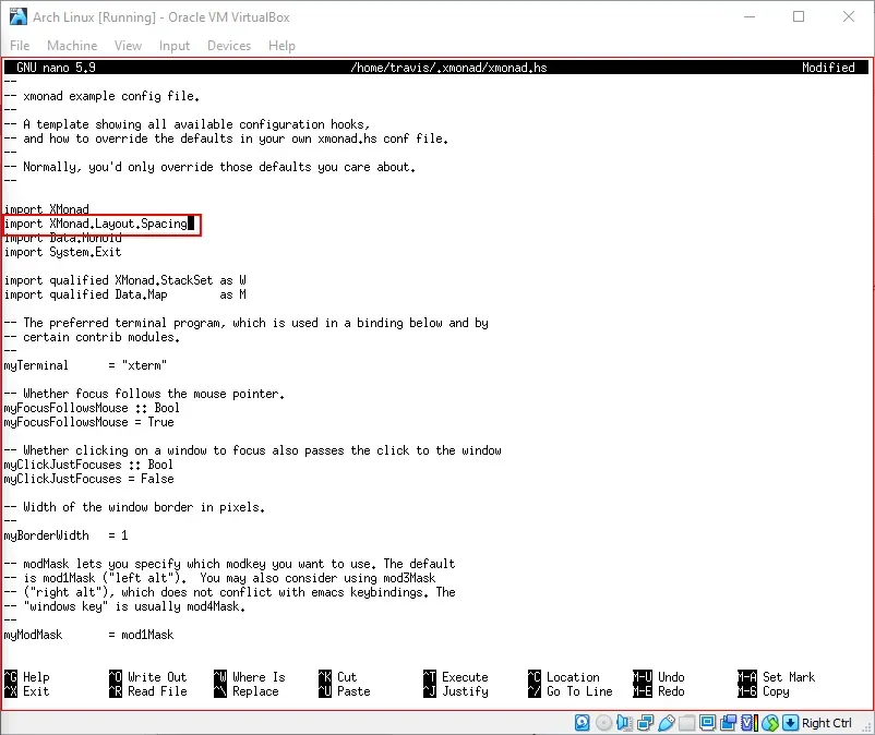 The Nano text editor editing /home/travis/.xmonad/xmonad.hs. A red
annotation rectangle surrounds the line import
XMonad.Layout.Spacing.