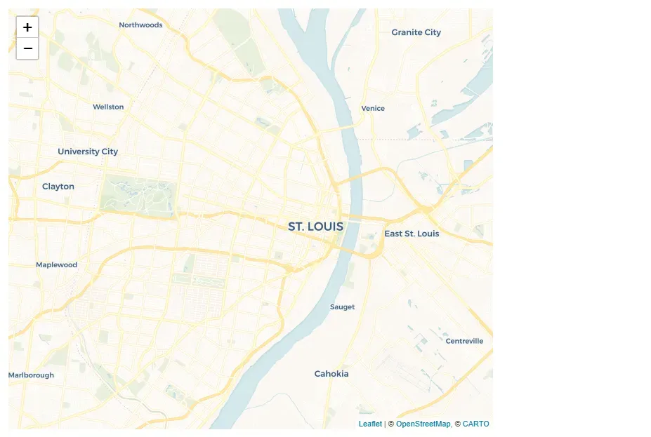 A top-down map view of Saint Louis, MO. Streets, rivers, and parks are
visible. Some municipality names are labeled with text