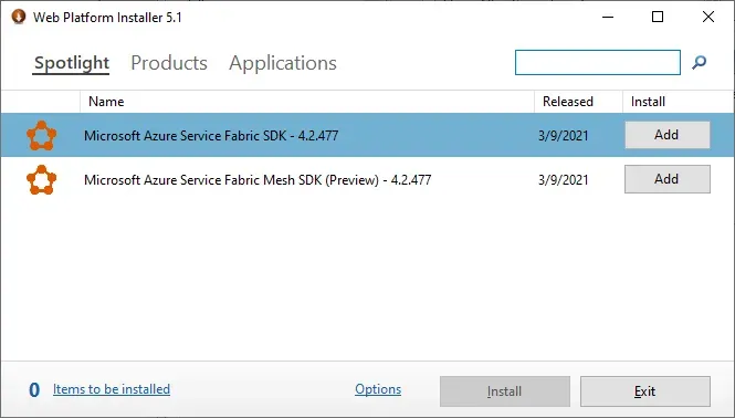 The Web Platform Installer 5.1 dialog window. A search box appears at the top.
Results are in the middle, and an Install button is at the
bottom.