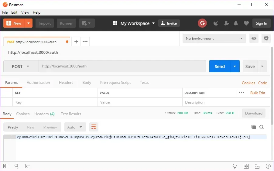 The same Postman POST request, but this time the response is a JWT
(eyJhbGc...)
