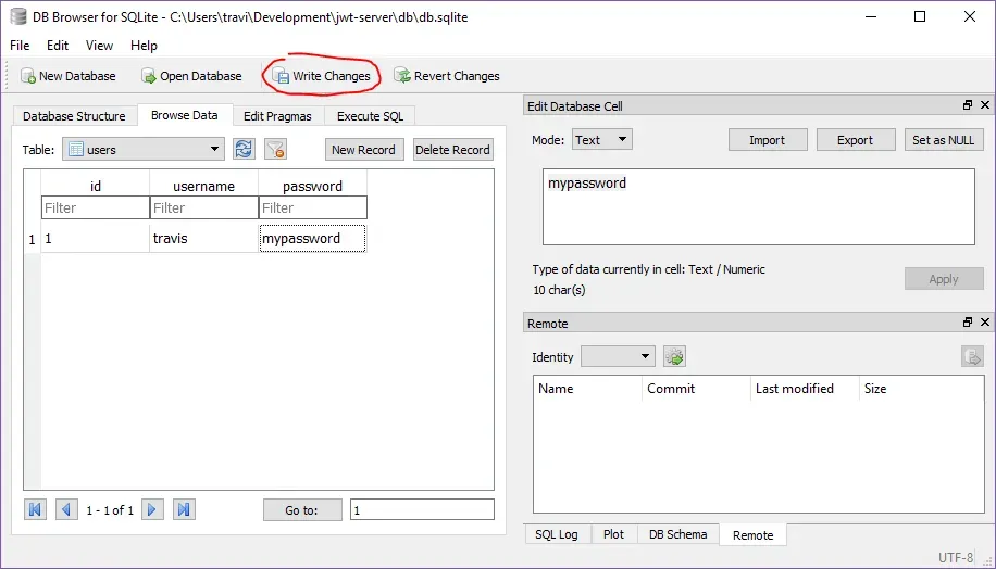 A screenshot of DB Browser for SQLite. It is open to a table called users
with a single row showing 1, travis, mypassword for id, username, and
password. A red annotation circles the Write Changes
button