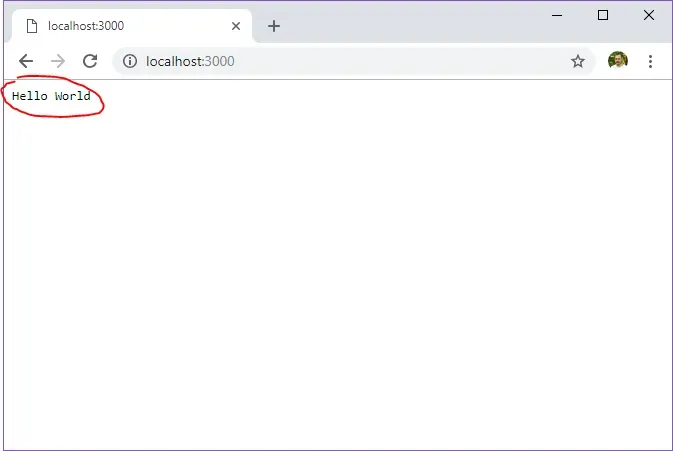 A screenshot of Chrome web browser viewing localhost:3000. Unstyled text
reading "Hello World" is visible. A red annotation circle appears circling the
"Hello World" text