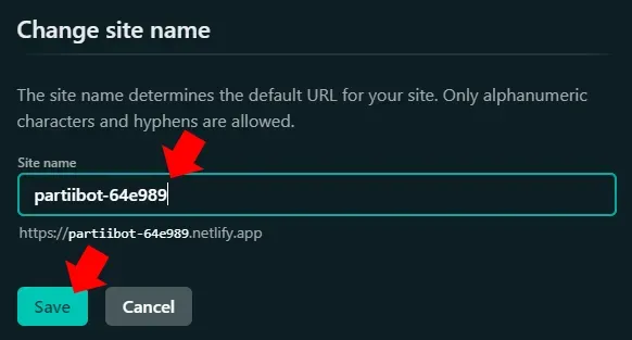 partiibot-64e989 has been entered in the "Site name" box and a red
annotation arrow points to the "Save" button.